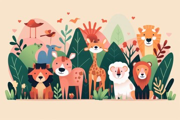 Naklejka premium Colorful illustration of various wild animals such as lions, giraffes, and birds in a jungle setting with plants and trees.