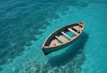 Fototapeta premium A small wooden boat floating on a vibrant turquoise ocean, with the boat's reflection visible in the water
