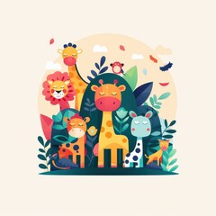 Colorful cartoon illustration of jungle animals, including giraffe, lion, and zebra, in a vibrant and playful tropical setting.