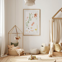 Mock up blank painting  frame in baby kid’s playroom, minimal wabi sabi interior design with stuffed animal, neutral color theme, background, wallpaper 
