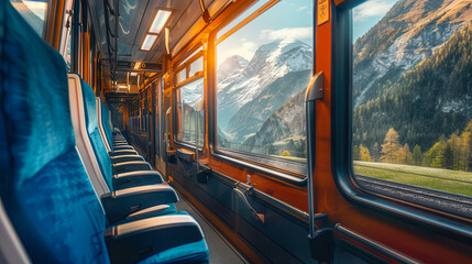 Fototapeta premium Train compartment interior with cozy seats, passing through scenic mountains and valleys.