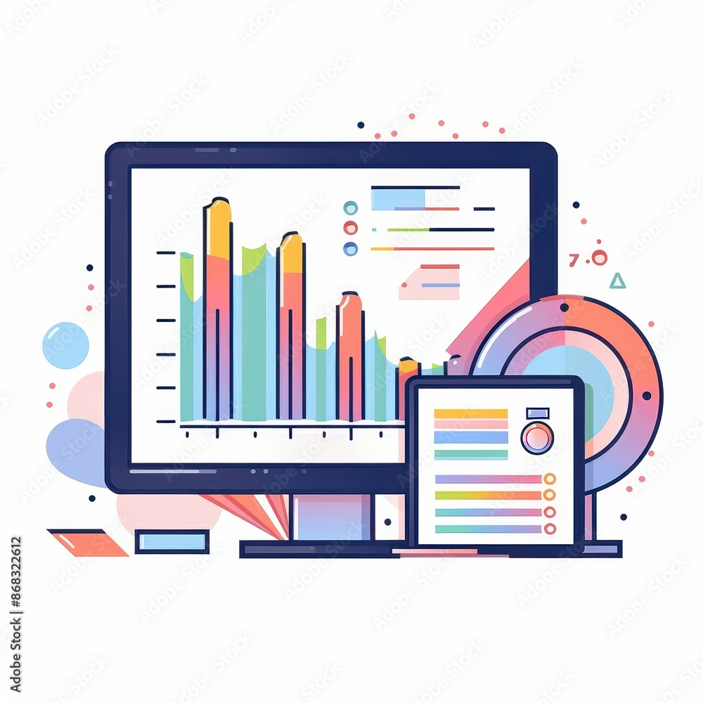Aufkleber Colorful abstract illustration of data analytics on computer and tablet screens, bar graphs and charts. Ideal for business and technology themes.