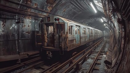 Rustic Subway Train in Dimly Lit Tunnel with Rusty Walls