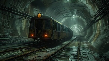 Naklejka premium Rusty Train in Dark Industrial Subway Tunnel with Dim Lighting