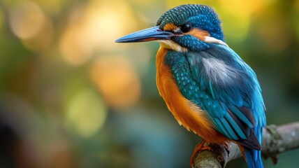 A vibrant kingfisher bird perched on a branch against a blurred background.