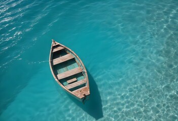 Obraz premium A small wooden boat floating on a vibrant turquoise ocean, with the boat's reflection visible in the water