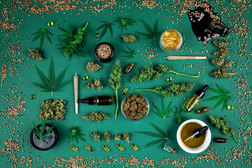 Flat lay, Top view of marijuana leaves and cannabis buds, cbd concept