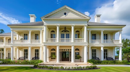 Fototapeta premium country estate with elegant Bahama shutters in a classic ivory, enhancing the grandeur of the architecture