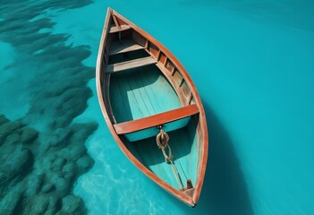 Obraz premium A small wooden boat floating on a vibrant turquoise ocean, with the boat's reflection visible in the water