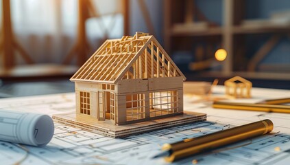 Miniature Wooden House Model on Architectural Blueprint