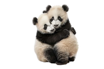 Two adorable baby pandas hugging each other, showcasing their cute and playful nature. Perfect for nature, wildlife, and animal-themed projects.
