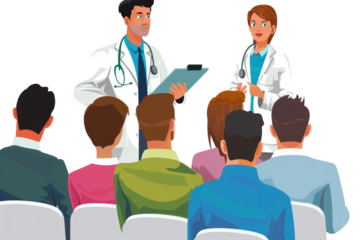 Medical professionals presenting to a group of people. Ideal for healthcare, medical training, and professional communication concepts.