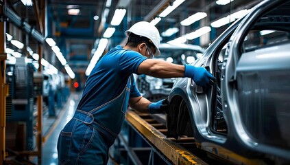 Worker in Car Manufacturing Plant with Blue Color Scheme