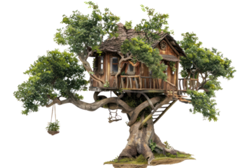 Charming treehouse nestled in a lush tree, featuring rustic wooden design with a balcony for a scenic view.