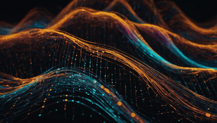 Vibrant digital wave of dots and lines against black, evoking futuristic data visualization.
