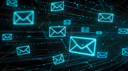 A digital background with glowing blue envelopes on a dark background, representing fast and modern email marketing. A background of a digital email icon floating in the air, newsletter concept. 