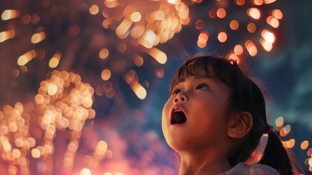 Amazed girl watching fireworks in awe at night
