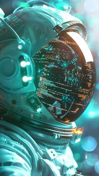 portrait video spaceman reading programming code seamless looping overlay 4k virtual video animation background