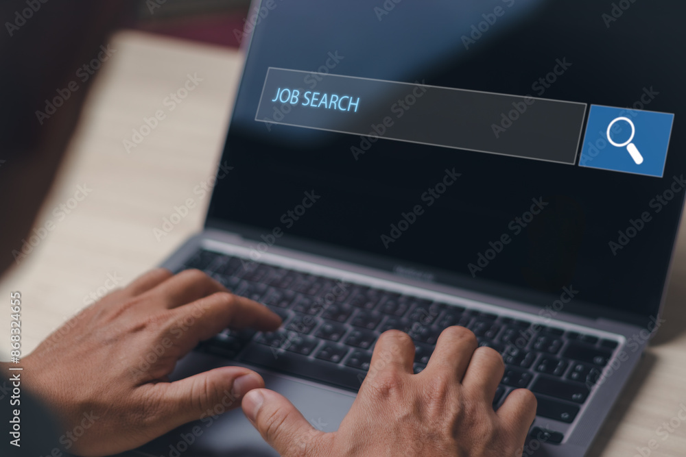 Poster close-up of a businessman using a laptop search for information and global big data connection inter