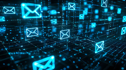 A digital background with glowing blue envelopes on a dark background, representing fast and modern email marketing. A background of a digital email icon floating in the air, newsletter concept. 