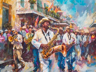 Lively Street Parade in New OrleansJazz Musicians Performing.