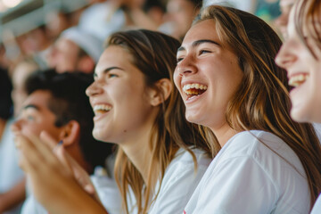 Obraz premium Group of friends laughing and enjoying a fun moment together, capturing the joy of social interaction. The vibrant smiles convey happiness and camaraderie.