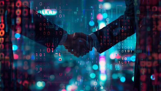 Tech Business Handshake with Binary Code Overlay in Blue and Pink