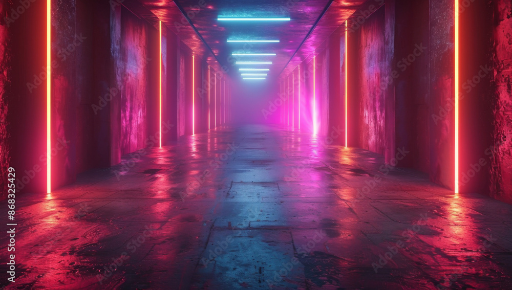 Poster 3d render, abstract futuristic background with neon light rays and laser beams on dark empty space f