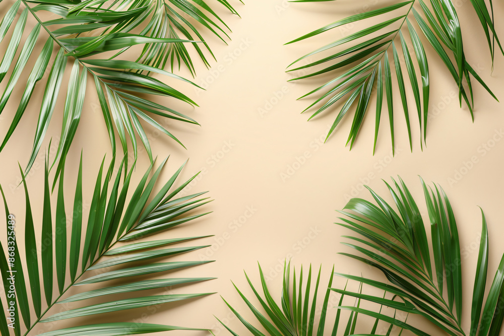 Poster minimalistic palm leaves on a beige background with copy space for text or design, in a top view. a 