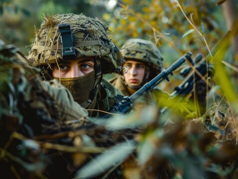 Israeli soldiers conducting forest patrol in camouflage gear - Military tactical operation scene.