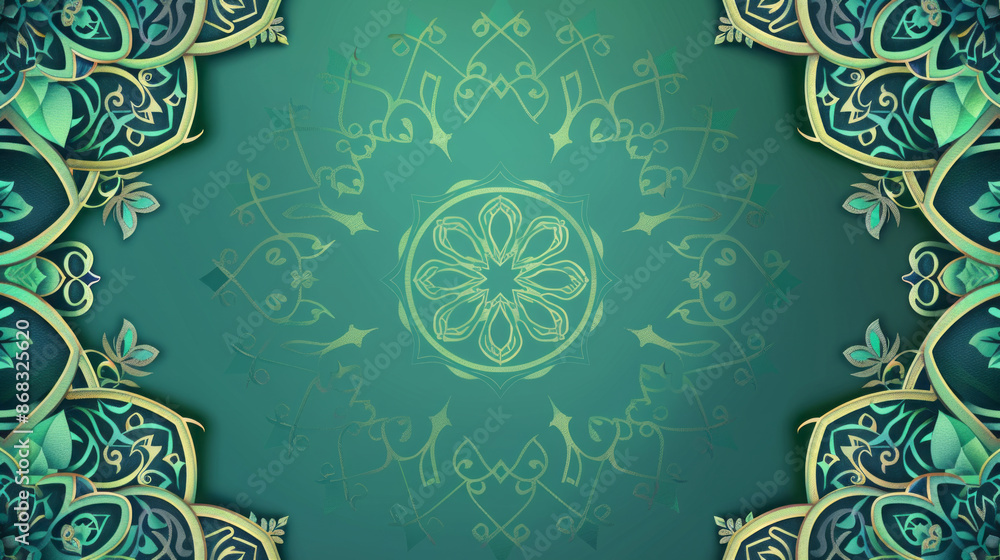 Wall mural Flat Green and Blue Gradient Background with Islamic Patterns