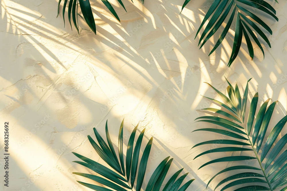 Poster minimalistic palm leaves on a beige background with copy space for text or design, in a top view. a 