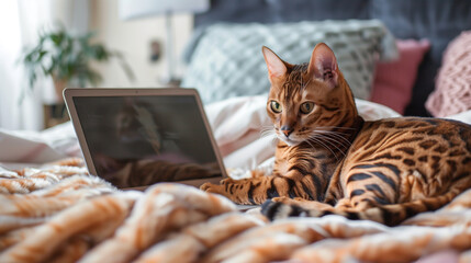 A beautiful Bengal cat lies next to a laptop on the bed, 32k, full ultra hd, high resolution --ar 16:9