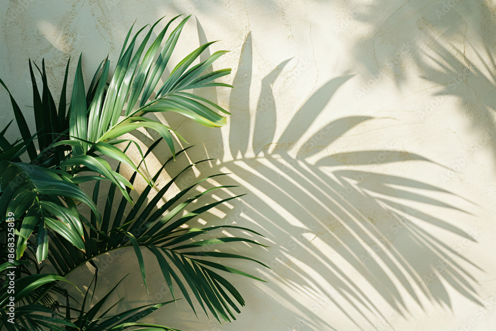 Poster minimalistic palm leaves on a beige background with copy space for text or design, in a top view. a 