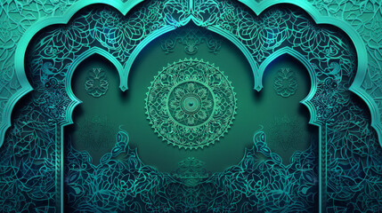Flat Green and Blue Gradient Background with Islamic Patterns