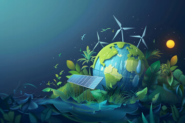 An illustration of Earth with solar panels and wind turbines surrounded by trees, city buildings, and greenery, symbolizing renewable energy and conservation. Concept of sustainability green energy.