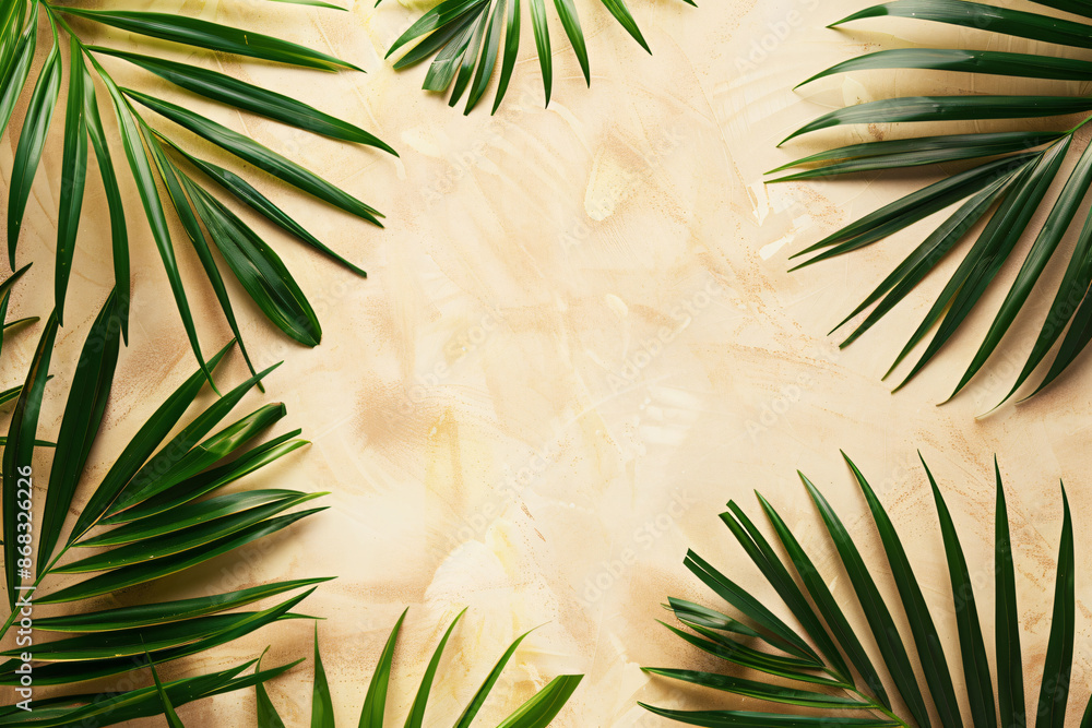 Aufkleber minimalistic palm leaves on a beige background with copy space for text or design, in a top view. a 