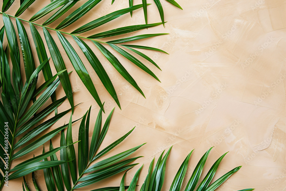 Aufkleber minimalistic palm leaves on a beige background with copy space for text or design, in a top view. a 