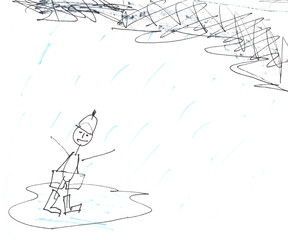Crayon Kids Hand Drawn Man under the Rain on White Background. Childs Drawn Pastel Chalk. Black and White Drawing of a Child. A Man in Rubber Boots Stands in a Puddle in the Rain. It's Raining from a