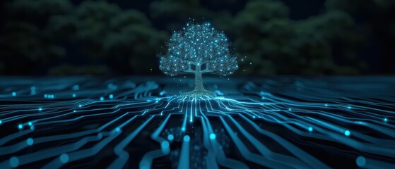 A contemporary digital landscape featuring a glowing cyber tree with subtle neon accents with copy space