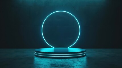 A contemporary event space with a cyber podium highlighted by subtle neon lights for a memorable day with copy space