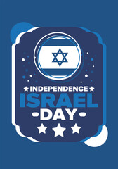 Israel Independence Day. National holiday, celebrated annual. Israel flag. Star of David, jewish symbol. Patriotic sign and elements. Poster, card, banner and background. Vector illustration