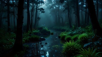 Naklejka premium misty forest in the night, ai generated