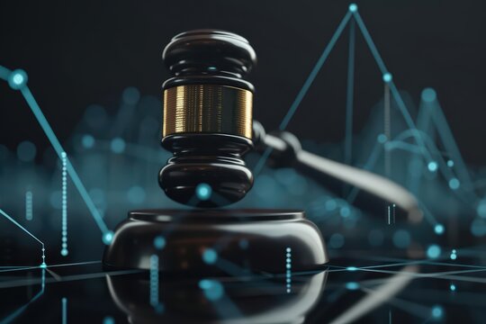 A contemporary legal setting featuring a digital gavel and advanced virtual trial interfaces with copy space