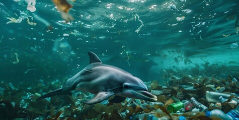 Fototapeta premium Ocean Pollution and Marine Life with Dolphin in Blue Waters