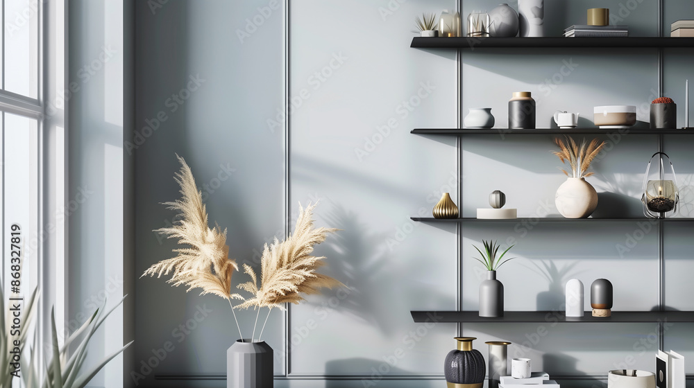 Poster a clean, minimalist wall design featuring streamlined shelves with a carefully selected array of dec