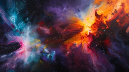 Vivid celestial scene featuring colorful nebulae and a star explosion in a cosmic expanse.