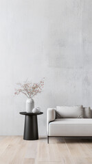 Minimalist interiors with minimal furniture in neutral colors with natural lighting and copy space. Extreme minimalist residential realty conceptual image.