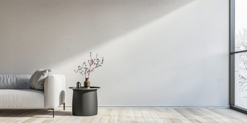 Minimalist interiors with minimal furniture in neutral colors with natural lighting and copy space. Extreme minimalist residential realty conceptual image.