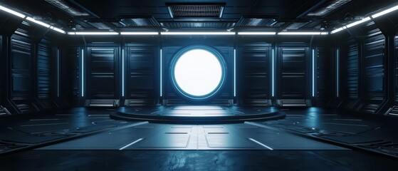 A futuristic auditorium featuring a sleek podium and digital screens set up for an important announcement with copy space